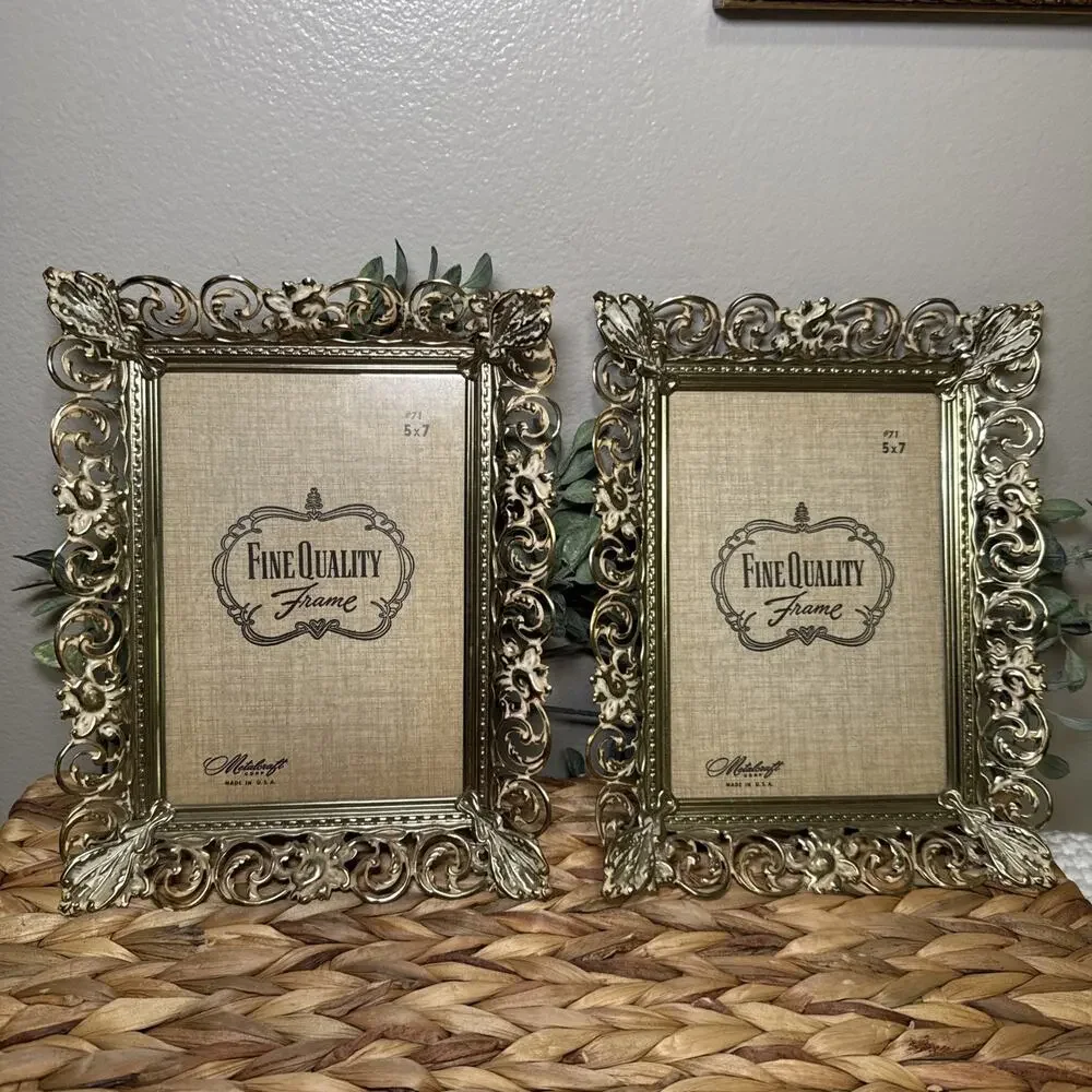 Vintage Pair Ornate Gold Cream Metal Filigree 5x7 Picture Frames Wall Hanging